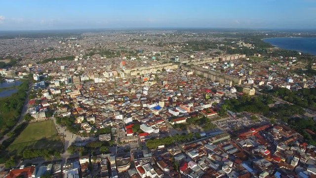 Aerial view of the Stone Town, old part of Zanzibar City, main city of Zanzibar, Tanzania from above, Africa, Indian Ocean, 4k UHD