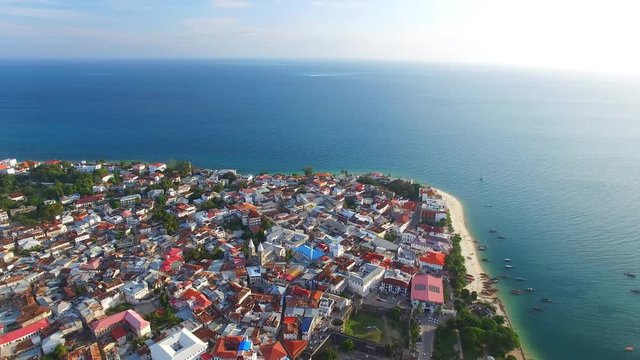 Aerial view of the Stone Town, old part of Zanzibar City, main city of Zanzibar, Tanzania from above, Africa, Indian Ocean, 4k UHD