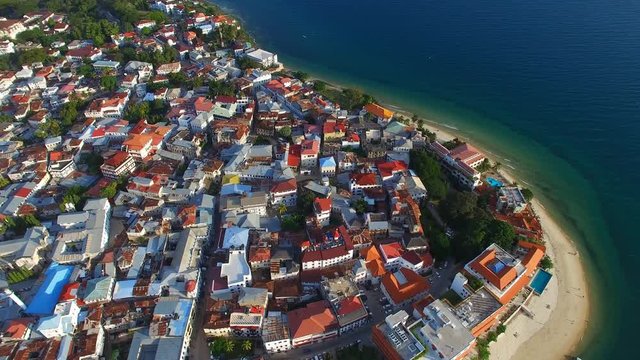 Aerial view of the Stone Town, old part of Zanzibar City, main city of Zanzibar, Tanzania from above, Africa, Indian Ocean, 4k UHD