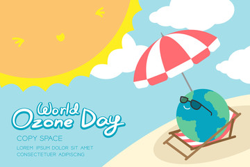 World Ozone Day 16 September horizon Banner set, Global warming concept smile earth with sunglasses, umbrella, chair, beach, sun, sky and cloud illustration isolated, with copy space