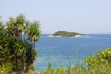 Ksamil Albania coast with Ionian sea and island
