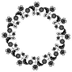 Black and white silhouette round frame with decorative flowers. Vector clip art.