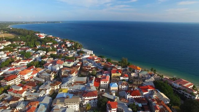 Aerial view of the Stone Town, old part of Zanzibar City, main city of Zanzibar, Tanzania from above, Africa, Indian Ocean, 4k UHD