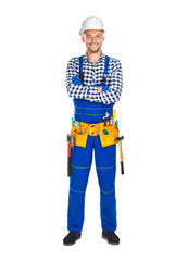 Full length portrait of happy construction worker in uniform and tool belt