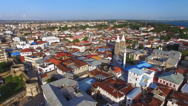 Aerial view of the Stone Town, old part of Zanzibar City, main city of Zanzibar, Tanzania from above, Africa, Indian Ocean, 4k UHD
