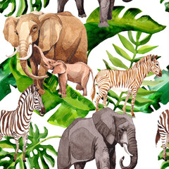 Exotic zebra and elephant wild animals pattern in a watercolor styl. Full name of the animal: zebra. Aquarelle wild animal for background, texture, wrapper pattern or tattoo.