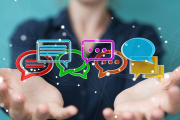 Businesswoman using digital colorful 3D rendering conversation icons