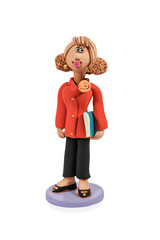 Clay statuette of a woman with a folder in her hand isolated on a white background