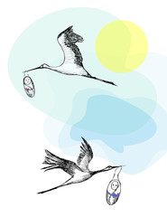 Vector image of flying storks. Storks carry in their beaks babies. Can be used to design postcards for newborns.