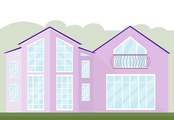 Vintage architecture facade of a glass pink building. Vector illustration autumn background