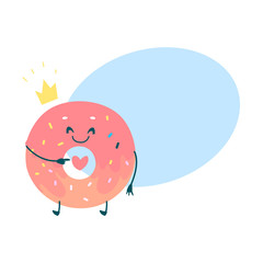 Vector sweet humanized pink donut character with arms and legs. Flat cartoon isolated illustration on a white background with speech bubble