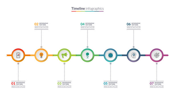 Timeline infographic concept with 7 options. Can be used for workflow layout, diagram, chart, report, presentation, web design