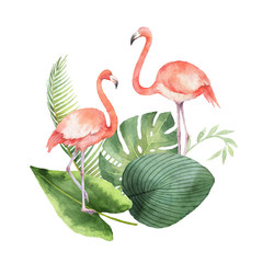 Watercolor card of tropical leaves and the pink Flamingo isolated on white background.
