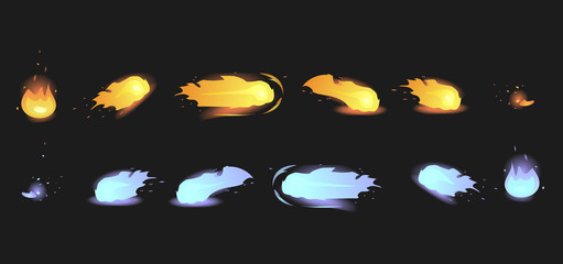 Animated vector set of fireballs, spells, meteorites - blue and fire, for the game, apps © Ilia