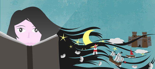 A girl read a book and her imagination and fantasy create a magic world - Vector illustration