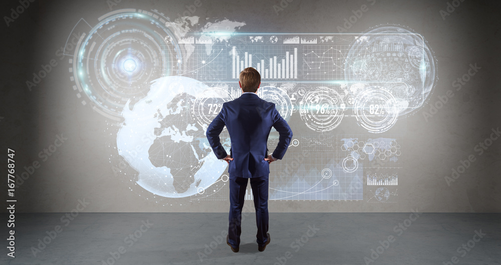 Poster Businessman using graph screens interface on a wall 3D rendering
