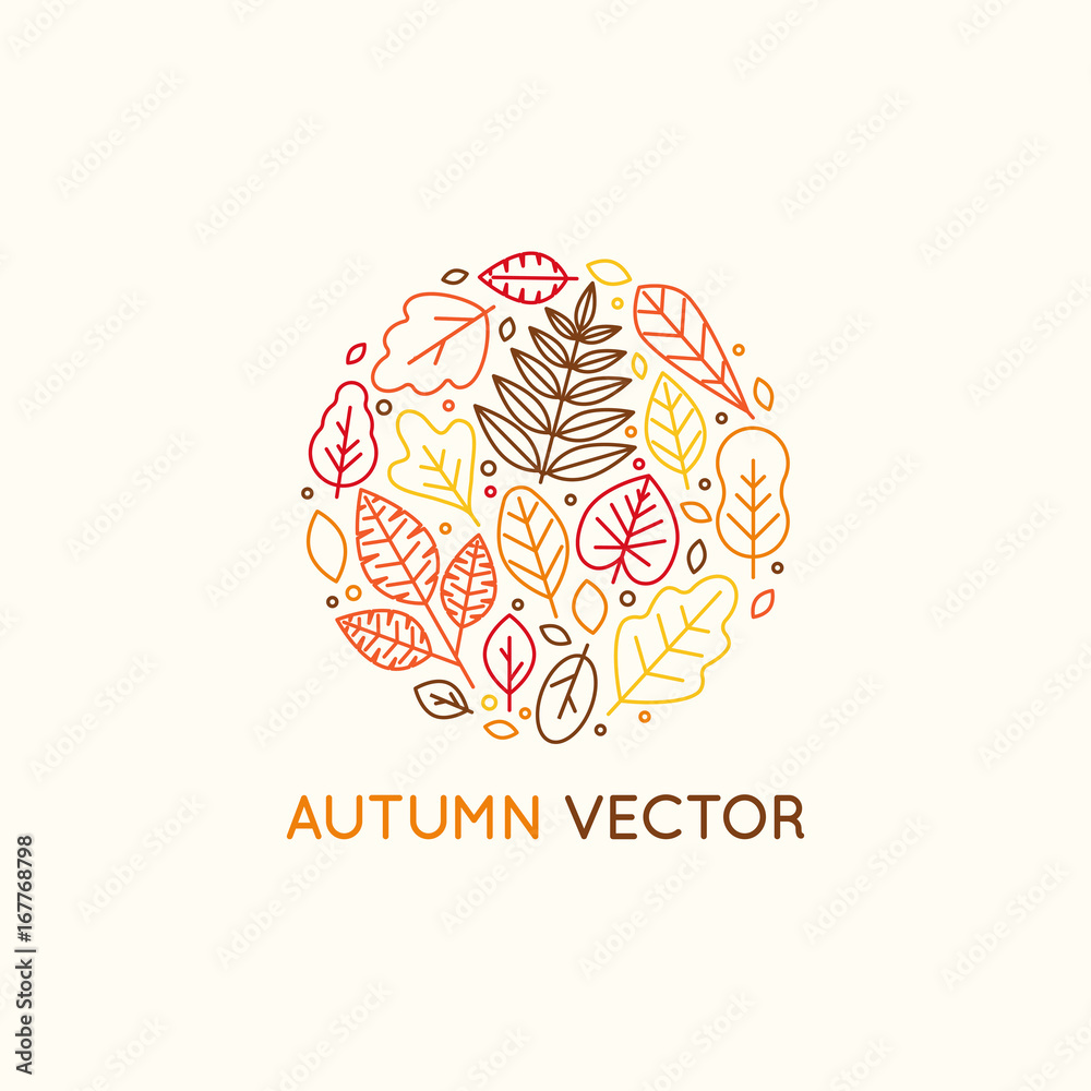 Poster vector logo design template and insignia in flat linear style - circle made with autumn leaves