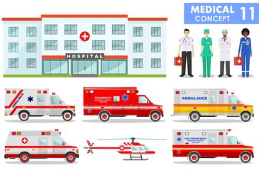 Medical concept. Detailed illustration of hospital building, ambulance cars helicopter, emergency doctor and medical people in flat style on white background. Practitioner doctors man and woman. © yustus