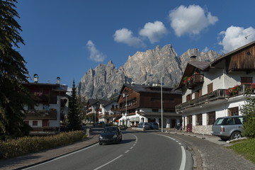 Autumnal corso Italia, the residential district in the town Cortina d'Ampezzo with mountain, Dolomite, Alps, Veneto, Italy, Europe