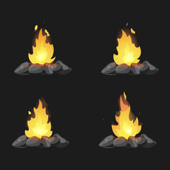 Set of cartoon Bonfires with stones on black background isolated vector illustration. Camping fire evolution
