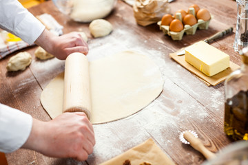 Bread Making Dough With Pin Knead Pastry Bakery Kitchen Man Cooking Process Concept