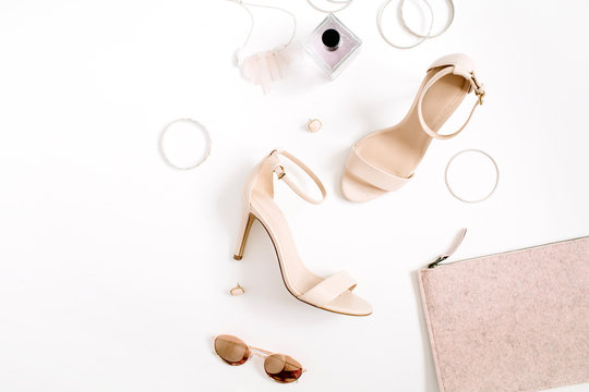 Woman Fashion High Heels And Accessories Collage On White Background. Flat Lay, Top View Feminine Background.