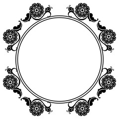Black and white silhouette round frame with decorative flowers. Vector clip art.