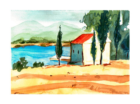 Beautiful watercolor landscape with house near the sea. Forest, beach, mountains, seaside. Home with red roof. Watercolor, paper. Pier on water. Nice summer day for posters, prints, design, interior.