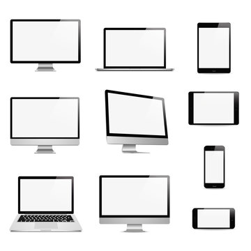 Realistic set computer, laptop, tablet, phone on a white background. Vector image