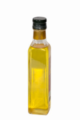the glass bottle of oil on white background