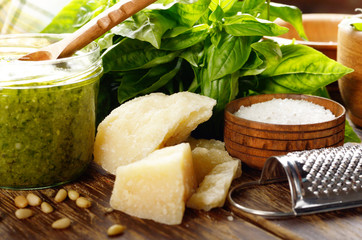 Front view of Pesto sauce and ingredients