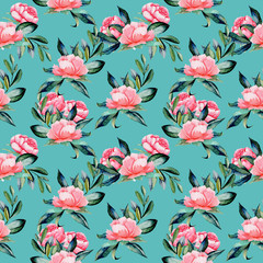 Seamless pattern with watercolor red peonies and green leaves, hand drawn on a turquoise background