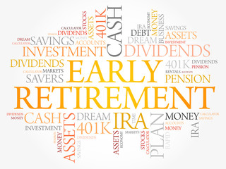 Early Retirement word cloud collage with great terms such as investments, budget, finance business concept background