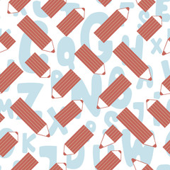 Seamless pattern with cute cartoon pencils and letters. Vector  illustration.