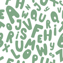 Seamless pattern with green cartoon letters on white background.