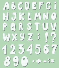 Cute letters and numbers are cut out checkered paper. Vector