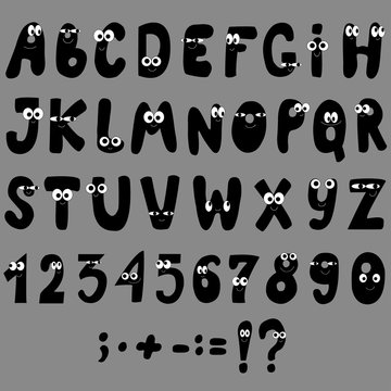 Cute cartoon smiling letters and numbers with faces.