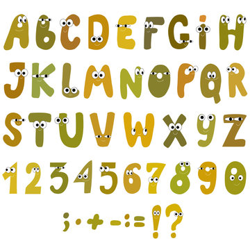 Cute cartoon smiling letters and numbers with faces. Vector illustration isolated on white