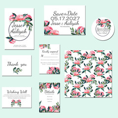 Template cards set with watercolor red peonies; wedding design for invitation, Save the date card, RSVP, Thank you card, Wishing Well card,  for anniversary day