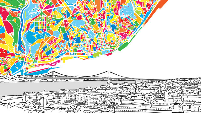 Lisbon Skyline and colorful modern urban city map
