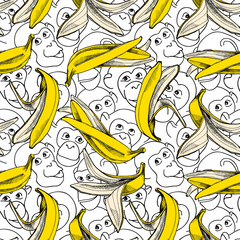 Seamless pattern with monkey and bananas skins. Vector illustration.