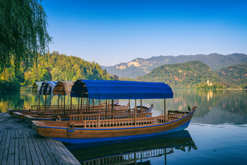 Summer morning on the alpine lake Bled, pleasure boats, green mountains and blue sky nature landscape, Alps, Slovenia