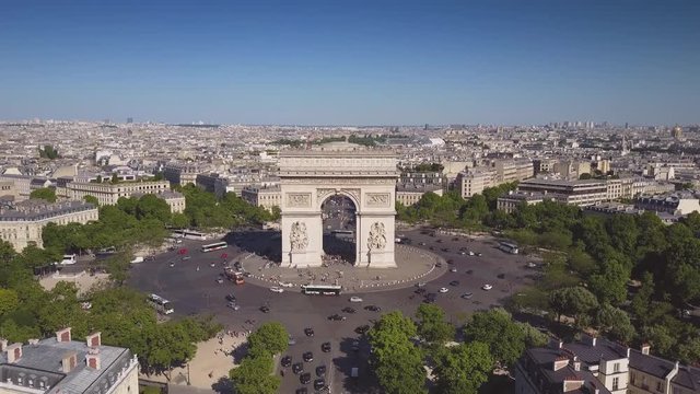 sunny summer day paris city famous arch de triumph aerial panorama 4k time lapse france
