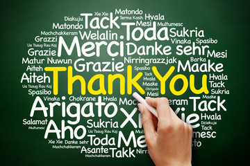 Hand writing Thank You Word Cloud in many languages on blackboard, presentation background