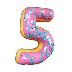 Rose Glazed Donut Font Concept with blue sprinkles. Delicious Number 5. 3d rendering isolated on white background