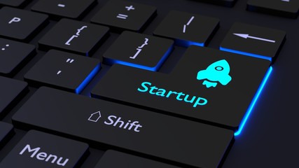 Black keyboard glowing startup concept