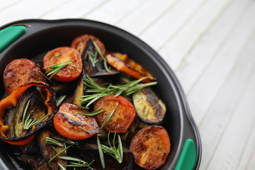 Vegetables grilled pan fried eggplant and tomatoes
