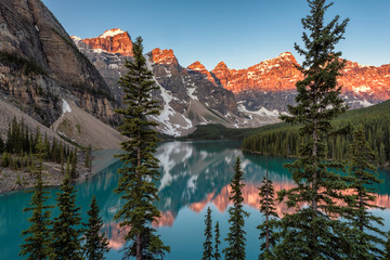 Beautiful sunrise at Moraine Lake in Banff National Park, Canada.