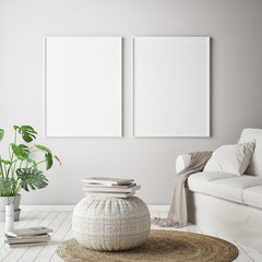 mock up poster frame in hipster interior background, scandinavian style, 3D render, 3D illustration