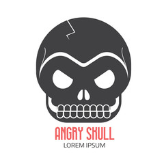 Angry human skull logo or label template in black and white. Skeleton face vector logotype or outline icon.